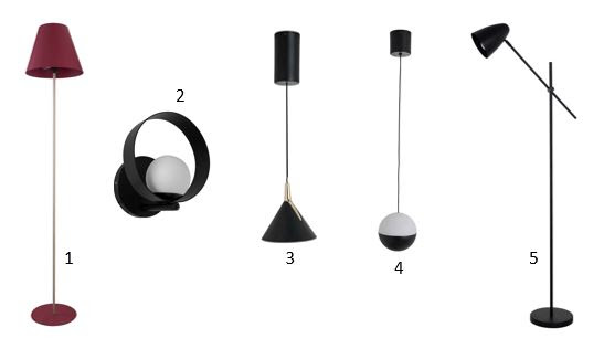1. Luminária de piso em alumínio, na cor magenta, que comporta uma lâmpada bulbo de soquete E27 (6W), por R$ 626 / 2. Arandela em alumínio, na cor preto, que comporta uma lâmpada led de soquete E27, (5W), por R$ 463 / 3. Pendente preto de metal com led integrado (8W e 3000K), por R$ 429 / 4. Pendente em metal e acrílico, com led integrado (7W e 3000K), nas cores preto e branco, por R$ 608 / 5. Luminária de piso em alumínio, que comporta uma lâmpada A60, G45, bulbo ou filamento de soquete E27 (60W), por R$ 698.