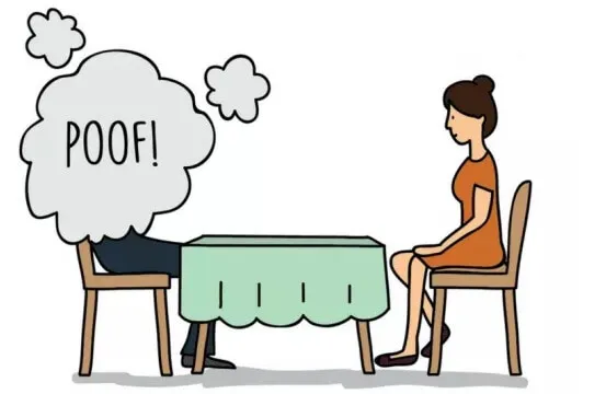 Sofri um ghosting, e agora? Mulher de vestido amarelo sentada em uma mesa de restaurante com um homem sumindo, com imagem de fumaça escrito Poof!.